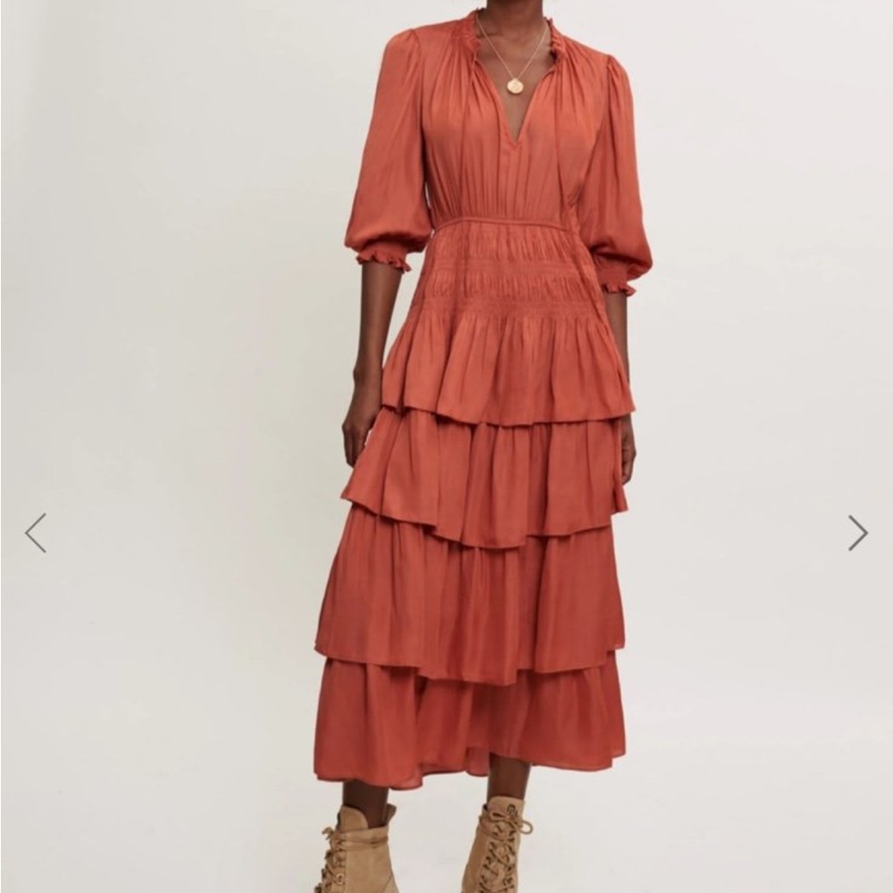 Maje Satin midi dress with ruffles, Orange size 36